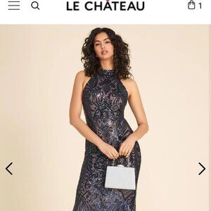 Halter Neck Allover Sequin On Mesh Gown, Navy